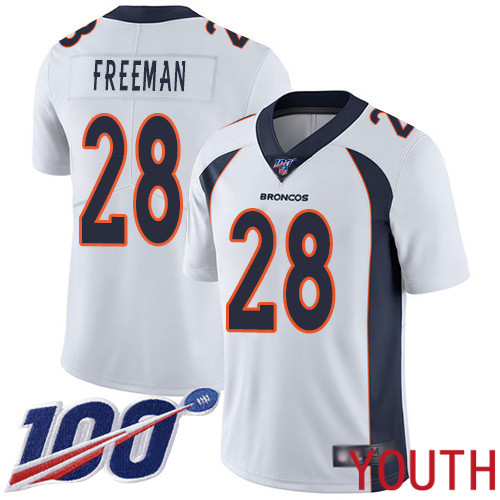 Youth Denver Broncos #28 Royce Freeman White Vapor Untouchable Limited Player 100th Season Football NFL Jersey->youth nfl jersey->Youth Jersey